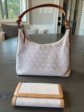 Dooney & Bourke Vintage Pink DB Hobo with Tan Leather Trim & Matching Wallet